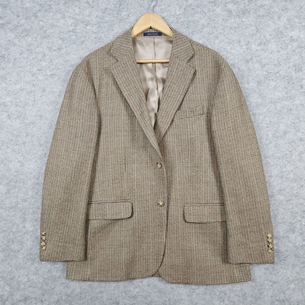 Lands End Men's Blazer Brown Windowpane Tweed Size 42S 100% Lambswool PINHOLES